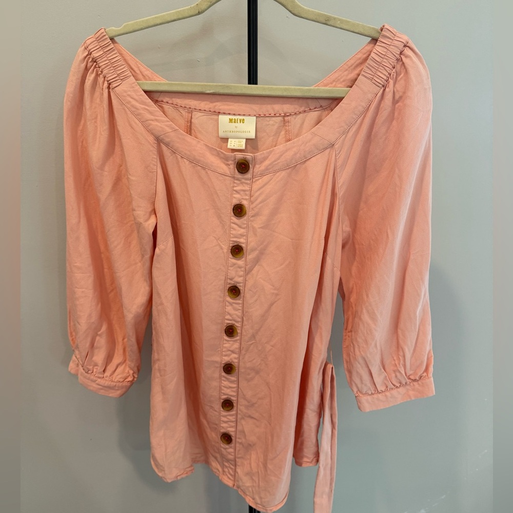 Anthropologie Maeve Belted Blouse Linen Blend Off Shoulder Button Pink US Size 4 - Picture 8 of 9